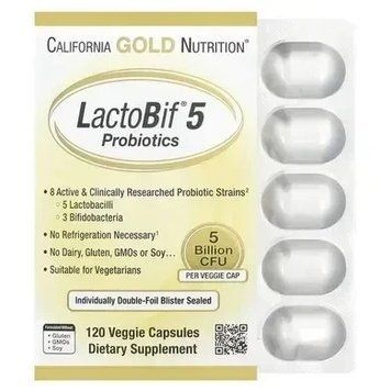 California Gold Nutrition, LactoBif, пробиотики, 5 млрд КОЕ, 120 вегетарианских капсул 6020 фото
